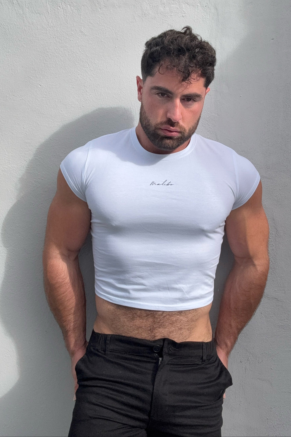 Muscle-Fit Crop Half-Sleeve Tee - White